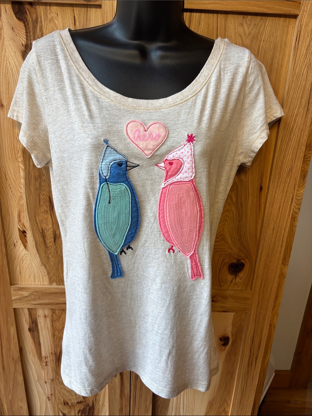 Aeropostale Beige Tee with Blue and Pink Bird Appliqués